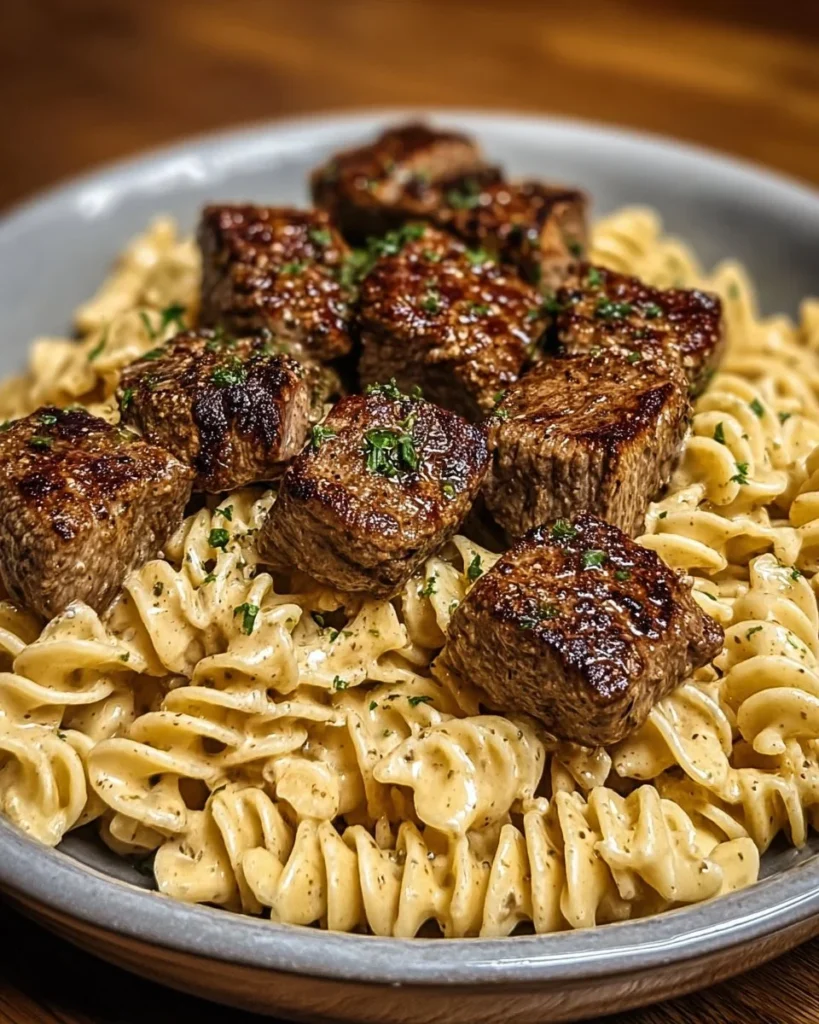 Creamy garlic butter steak bites served with Cajun Alfredo twisted pasta