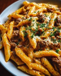 Creamy high protein beef pasta dish served in a bowl with garnishes.