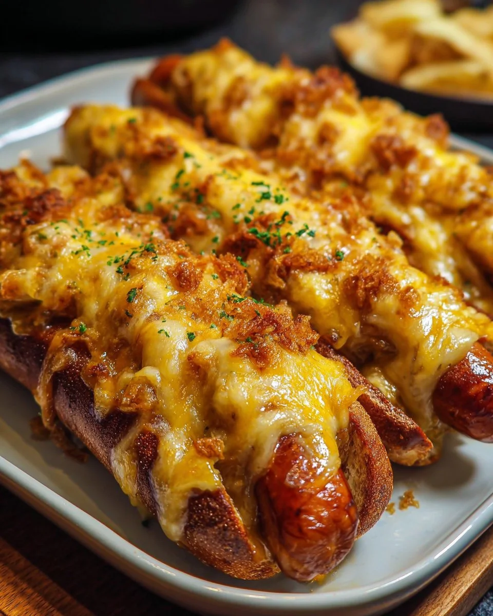 Crispy cheesy hotdogs bake served in a dish, ready to enjoy.