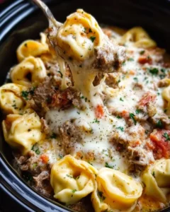Crock Pot Cheesesteak Tortellini dish ready to serve