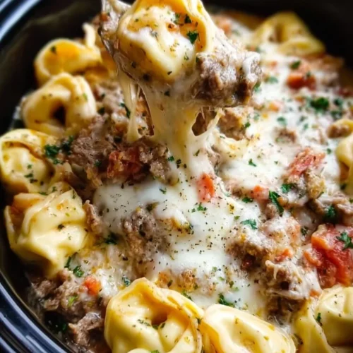Crock Pot Cheesesteak Tortellini 3 Crock Pot Cheesesteak Tortellini dish ready to serve