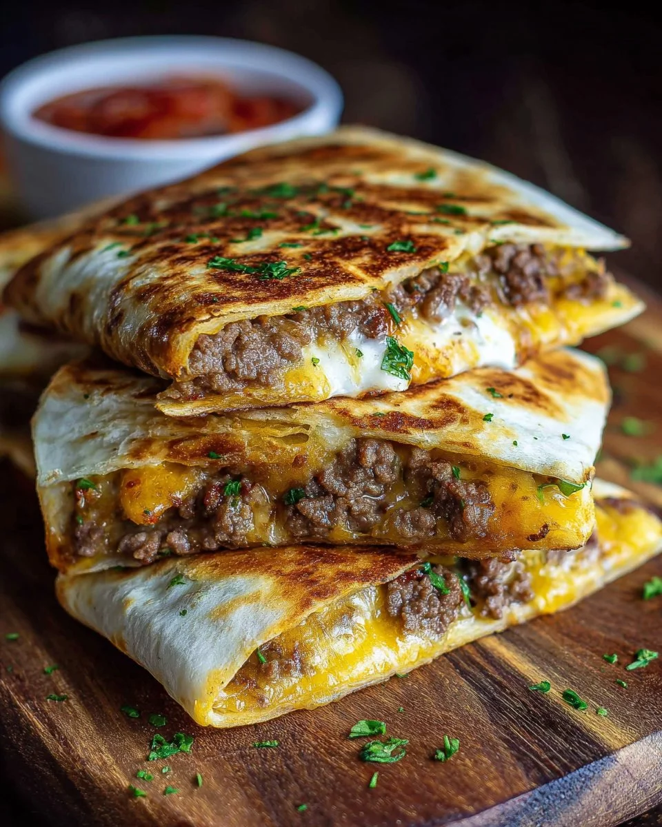 Delicious easy hamburger quesadilla with melted cheese and hamburger filling