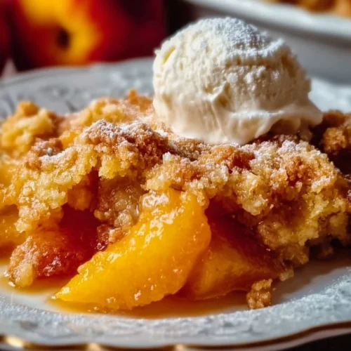 Delicious easy peach cobbler baked to perfection