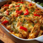 Fajita Chicken Casserole Bake topped with cheese and colorful peppers