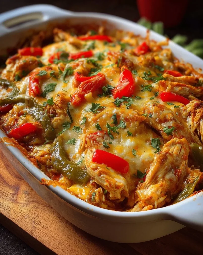 Fajita Chicken Casserole Bake topped with cheese and colorful peppers