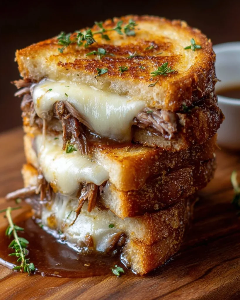 Delicious French Dip Grilled Cheese sandwich with tender beef and melted cheese
