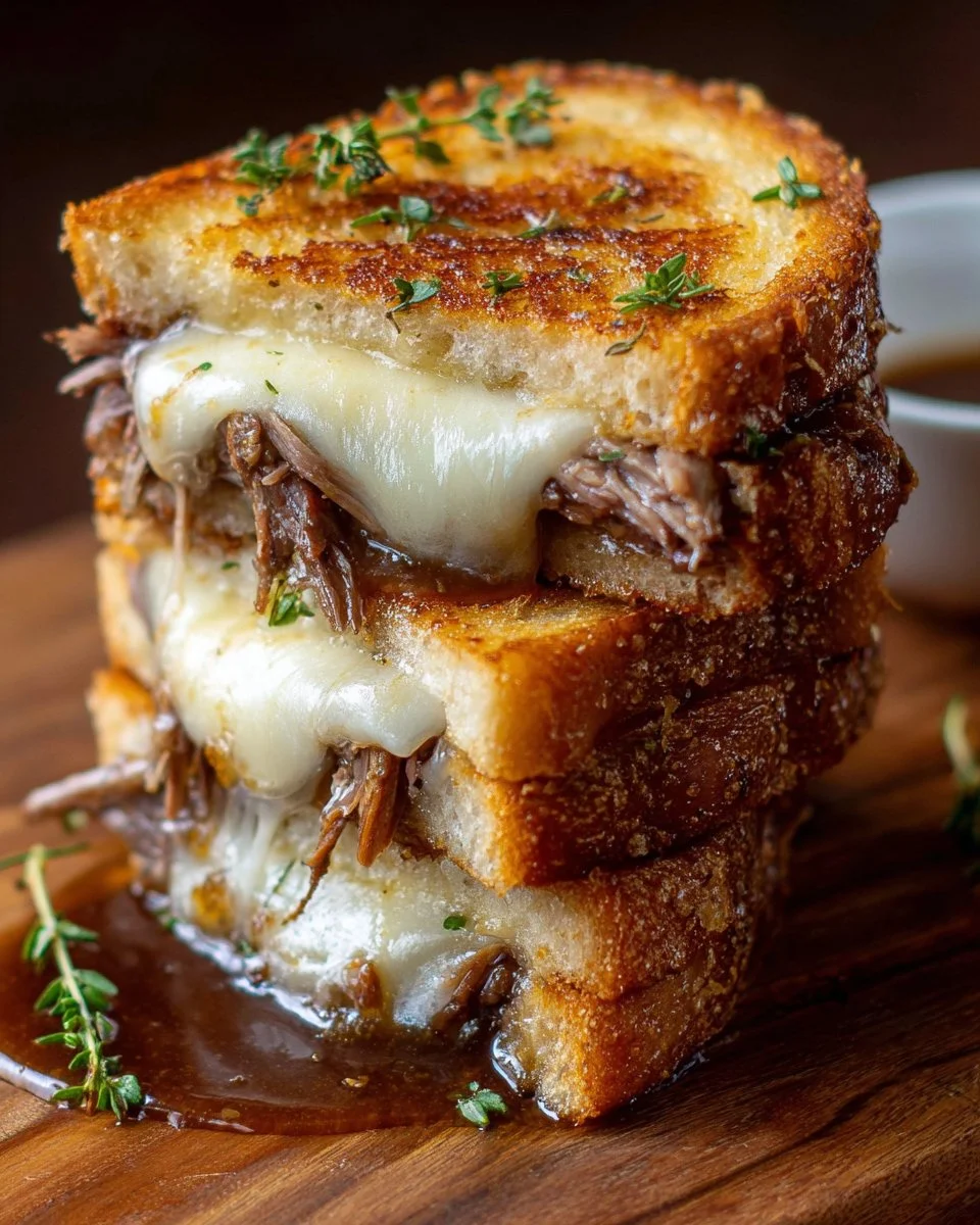 Delicious French Dip Grilled Cheese sandwich with tender beef and melted cheese