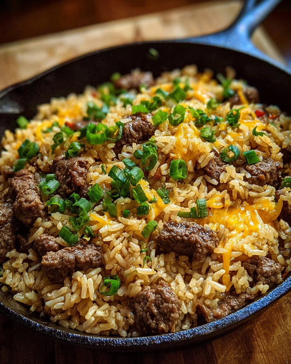 Garlic Butter Beef Rice Skillet with vegetables in a pan