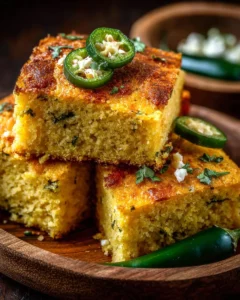 Delicious Hatch Chile Cheese Cornbread served on a rustic table