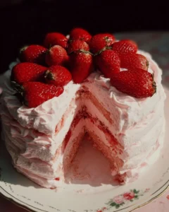Homemade strawberry cake topped with fresh strawberries and cream