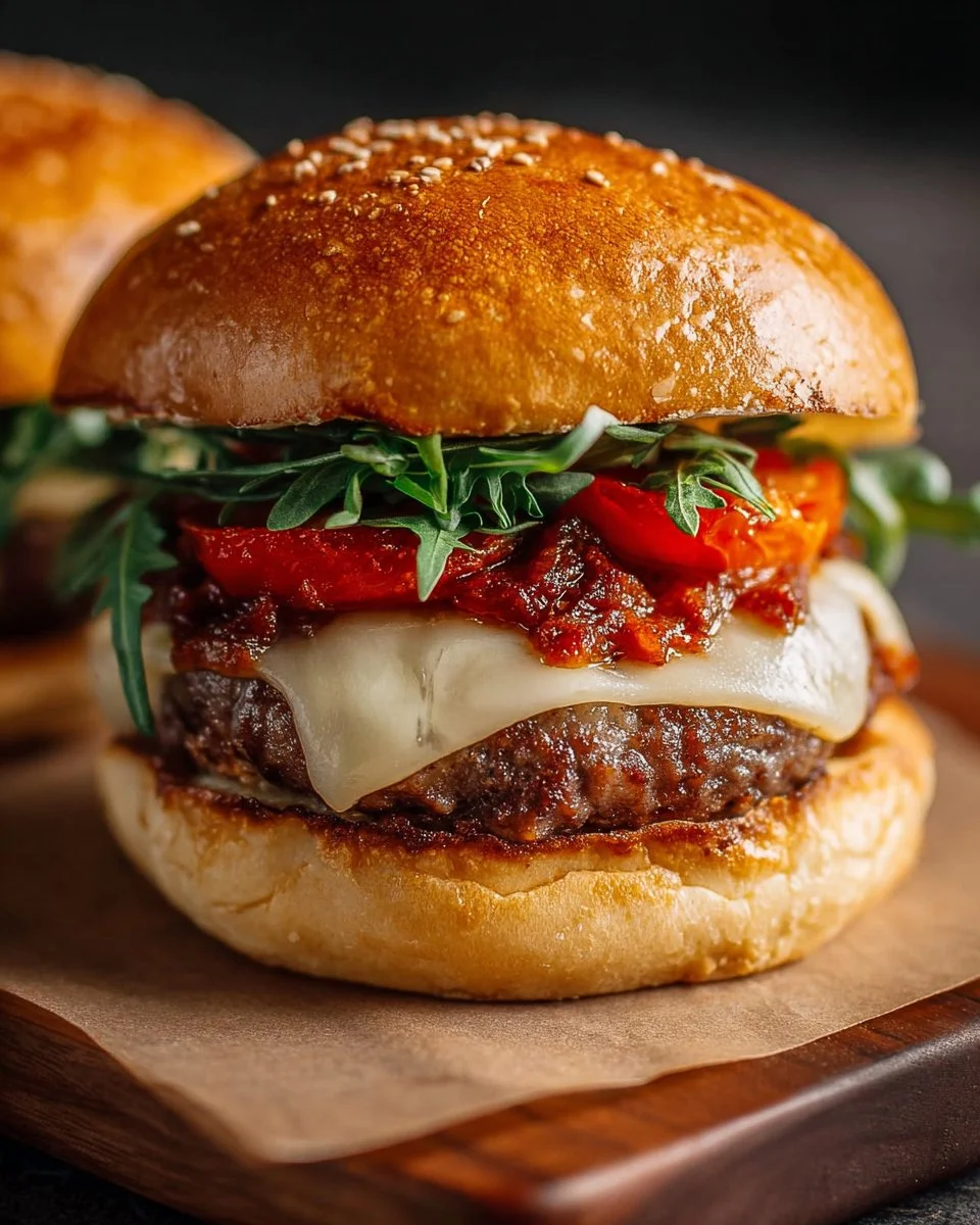 Juicy pizza burgers topped with cheese and fresh toppings on a grilled bun.