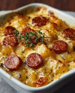 Delicious Kielbasa casserole with cheesy potatoes served in a baking dish