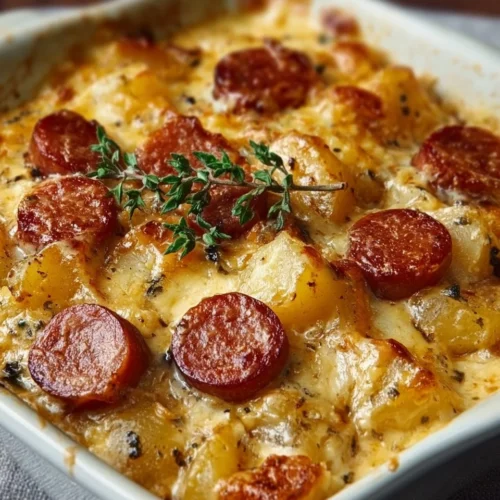 Kielbasa Sausage Cheesy Potato Casserole 3 Delicious Kielbasa casserole with cheesy potatoes served in a baking dish