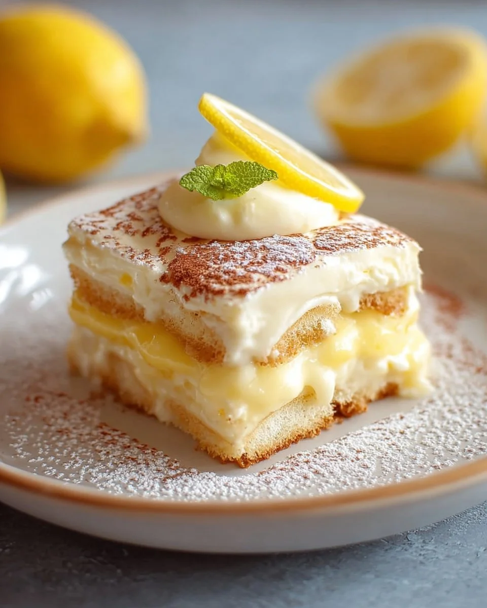 Lemon Tiramisu dessert with layers of creamy lemon filling and coffee-soaked biscuits