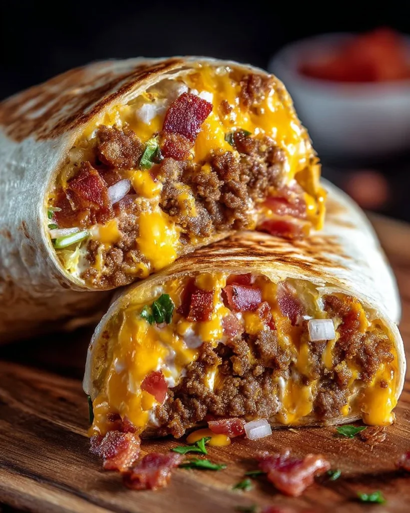Loaded Bacon Cheeseburger Burrito filled with beef, cheese, and crispy bacon