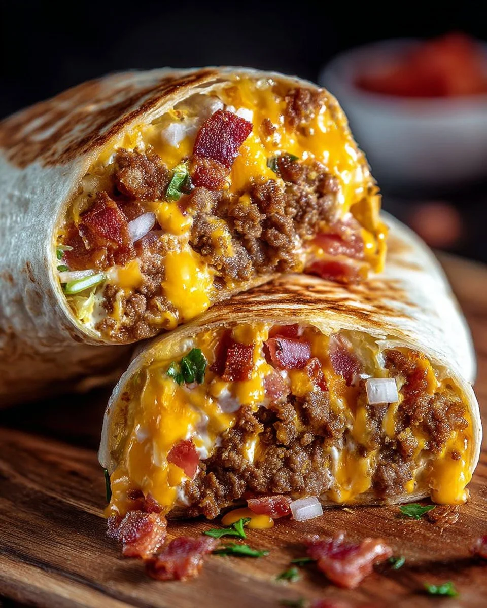 Loaded Bacon Cheeseburger Burrito filled with beef, cheese, and crispy bacon
