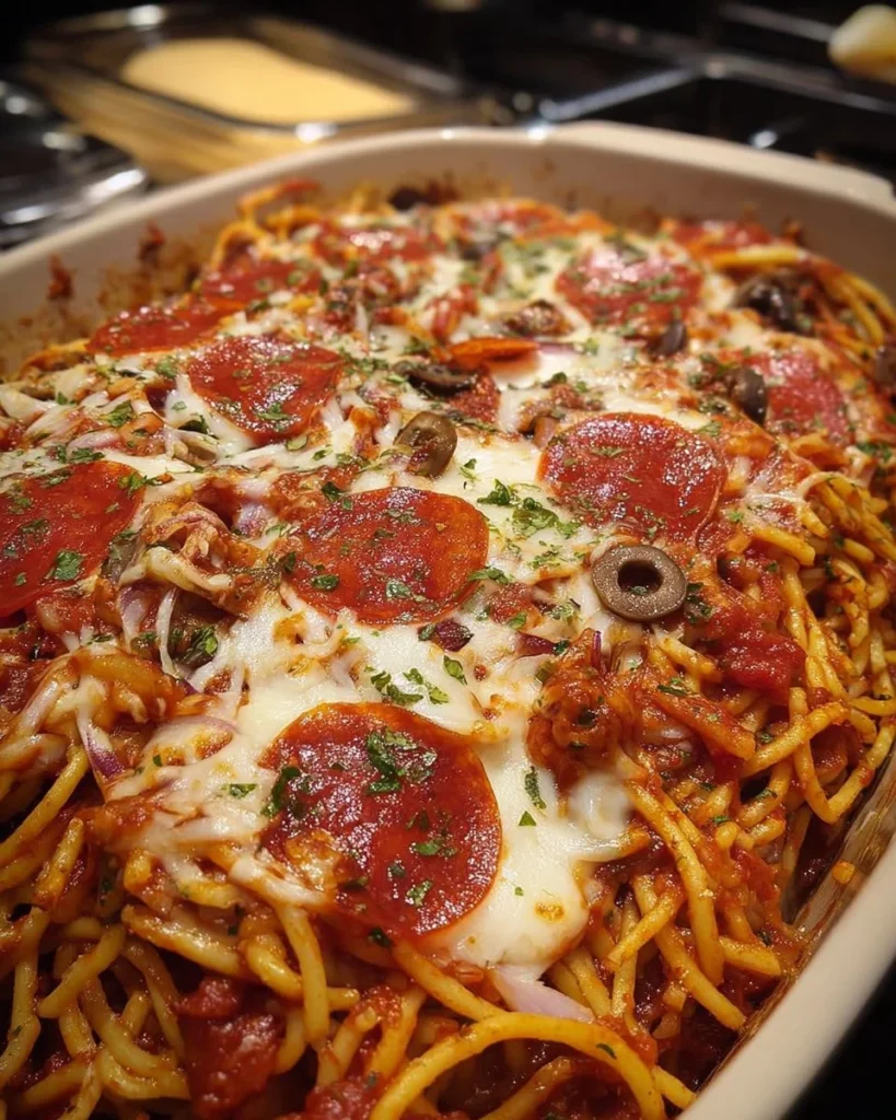 Delicious Loaded Pizza Spaghetti Bake topped with cheese and pepperoni