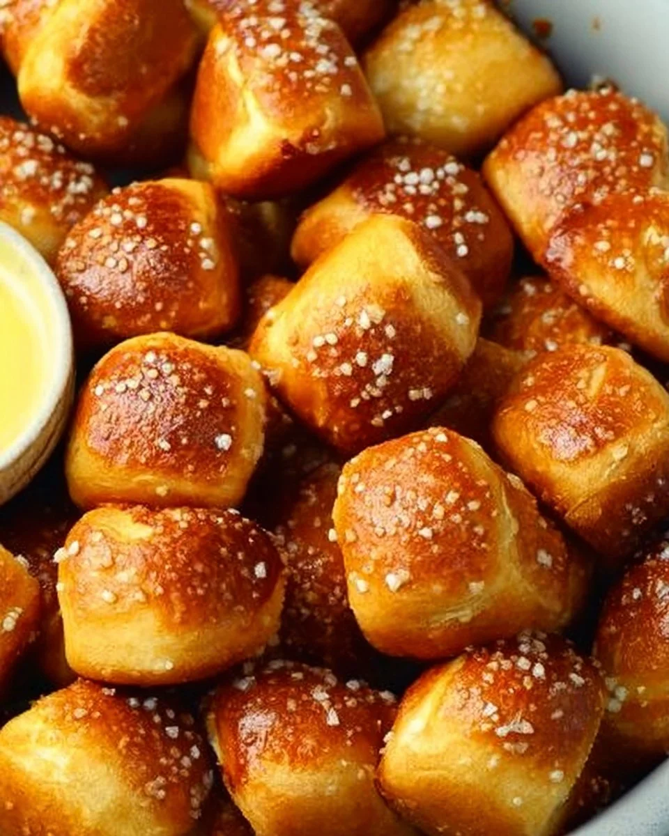 Plate of homemade pretzel bites with salt ready for dipping