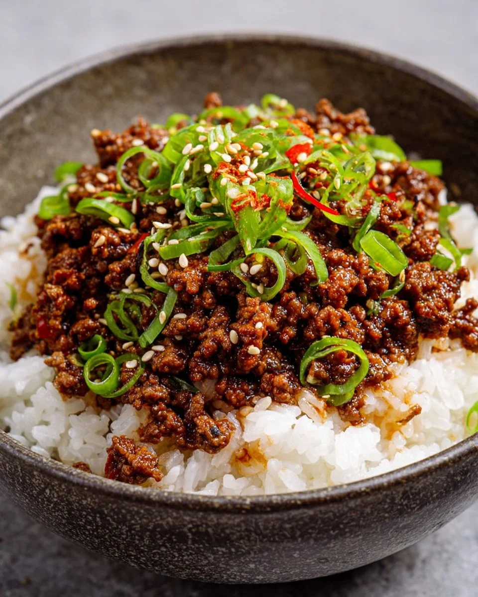 Delicious Korean ground beef served with rice and vegetables.