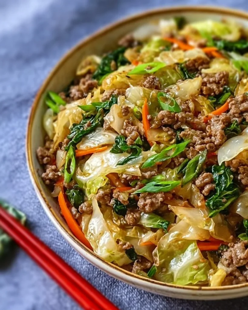 Savory Chinese Ground Beef and Cabbage Stir Fry Ready in 25 Minutes 1 Savory beef stir fry with ground beef and cabbage served in a bowl