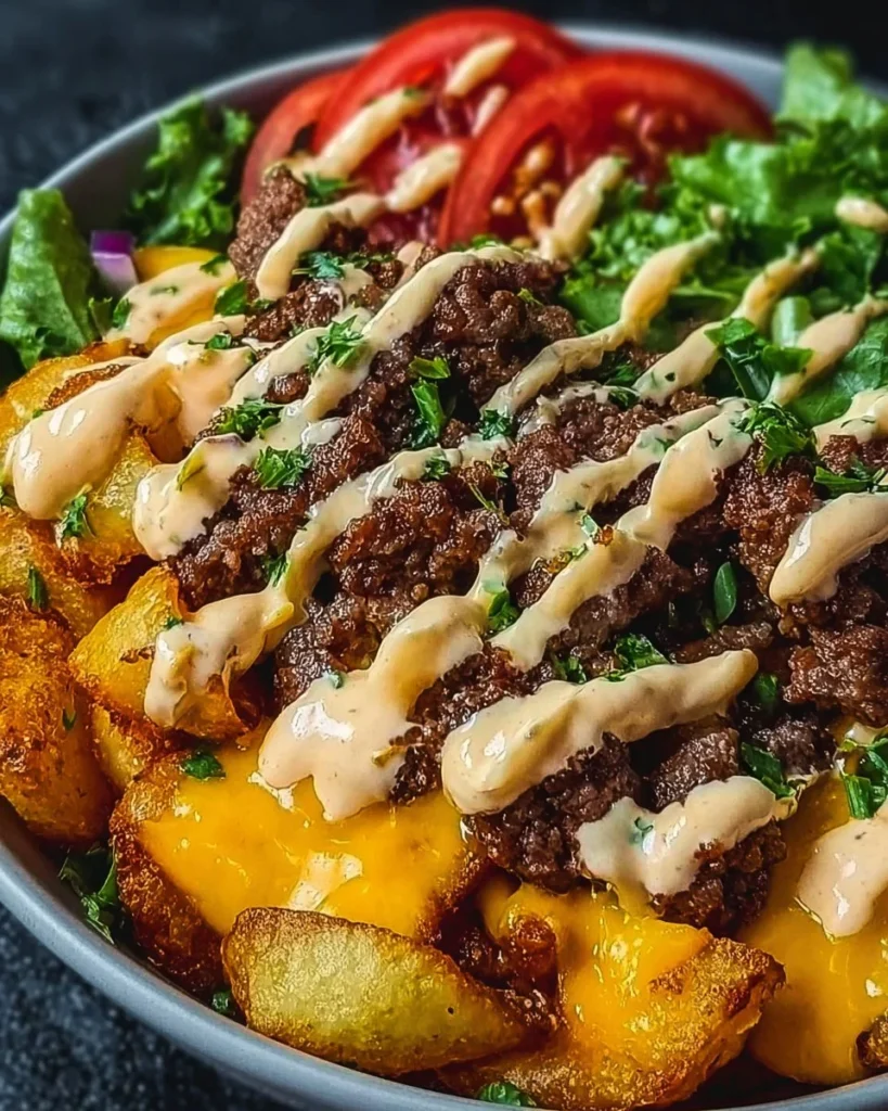 Delicious smash burger bowl with fresh ingredients and vibrant colors
