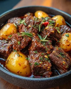 Slow Cooker Garlic Butter Beef with Potatoes in a ceramic dish