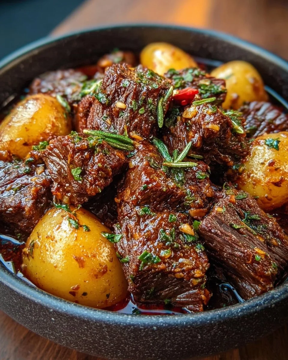 Slow Cooker Garlic Butter Beef with Potatoes in a ceramic dish