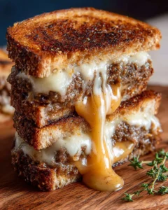 Delicious patty melts with a special confidential sauce served on grilled bread.