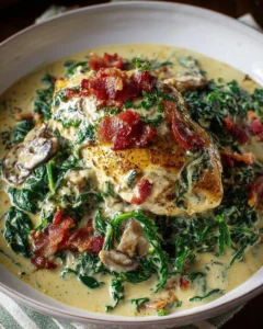 Delicious smothered chicken with creamed spinach and crispy bacon