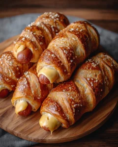 Soft baked cheesy pretzel dogs with melted cheese and sausage