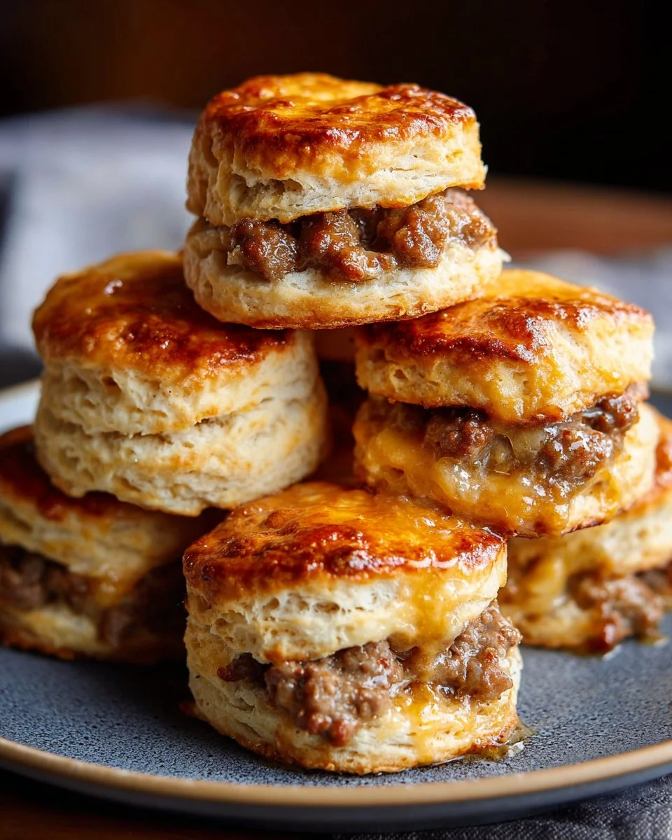 Southern sausage biscuits bake on a serving platter, garnished with herbs.