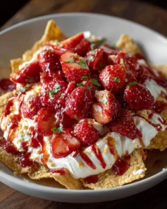 Delicious Strawberry Cheesecake Nachos topped with fresh strawberries and whipped cream