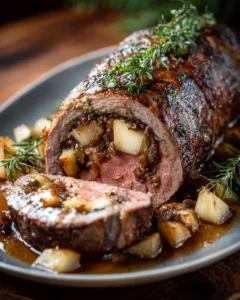 Stuffed beef tenderloin with apple bourbon glaze on a serving plate.