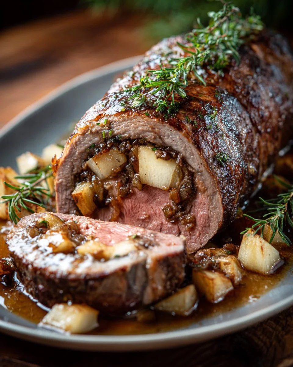 Stuffed beef tenderloin with apple bourbon glaze on a serving plate.