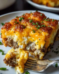 Tater Tot Sausage Breakfast Casserole fresh out of the oven, ready to serve.
