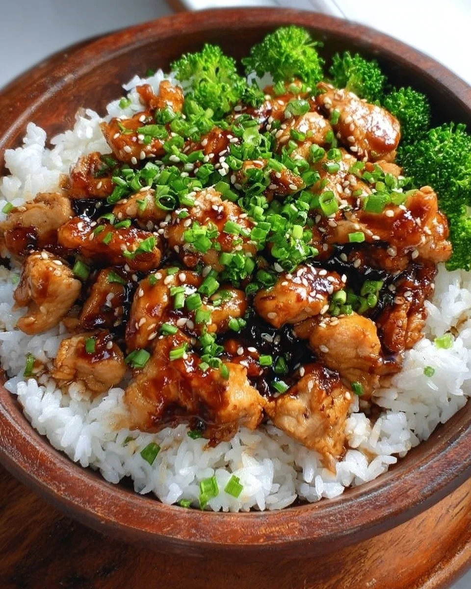 Delicious teriyaki chicken rice bowl with vegetables and sauce