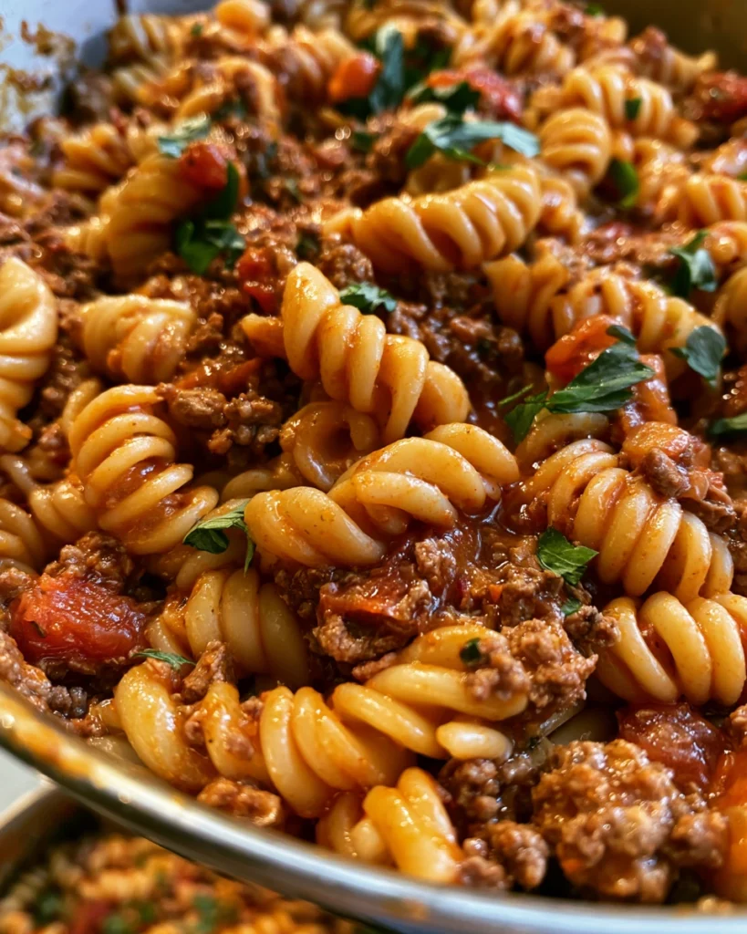 One Pot Beef Taco Pasta 2 One Pot Beef Taco Pasta close up in the pot with melted cheese