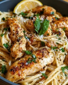 Delicious 15-minute lemon garlic chicken pasta dish garnished with fresh herbs