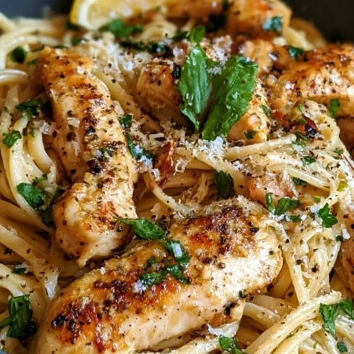 Quick Lemon Garlic Chicken Pasta (No Cream) 2 Lemon garlic chicken pasta with parsley in a skillet