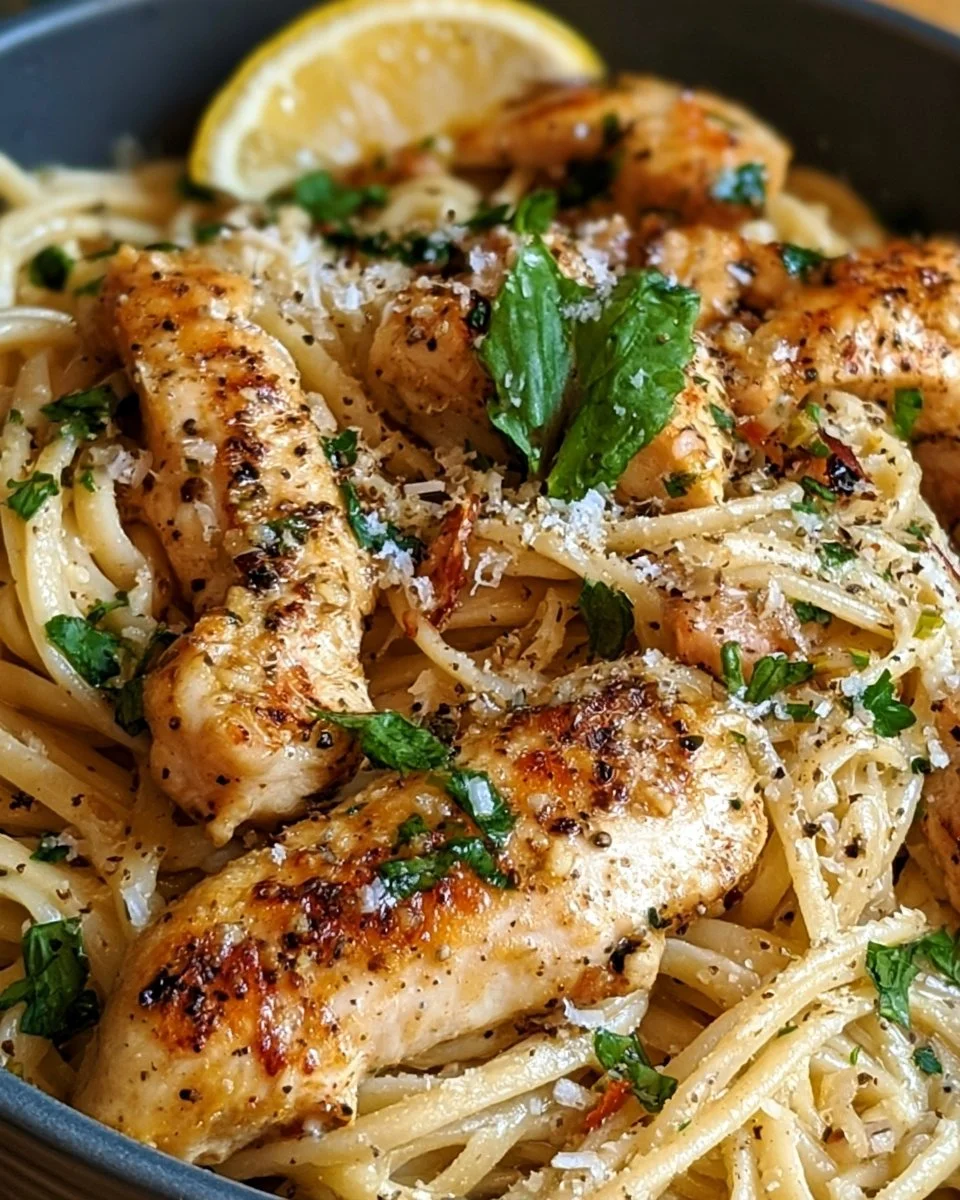 Quick Lemon Garlic Chicken Pasta (No Cream) 1 Delicious 15-minute lemon garlic chicken pasta dish garnished with fresh herbs