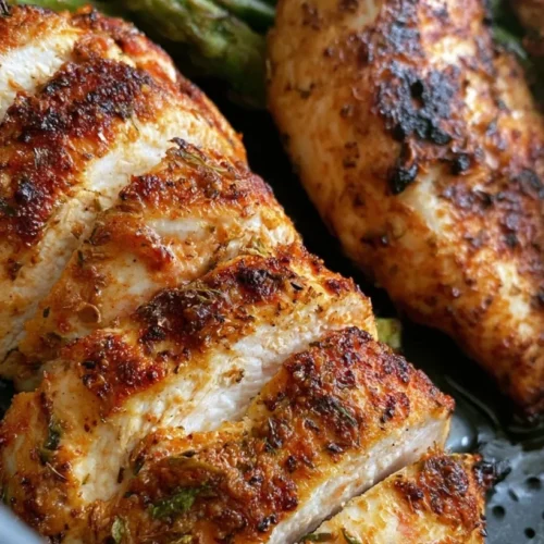 Air Fryer Chicken Breast (Juicy Boneless Skinless) 3 Sliced juicy air fryer boneless skinless chicken breast with seasoning