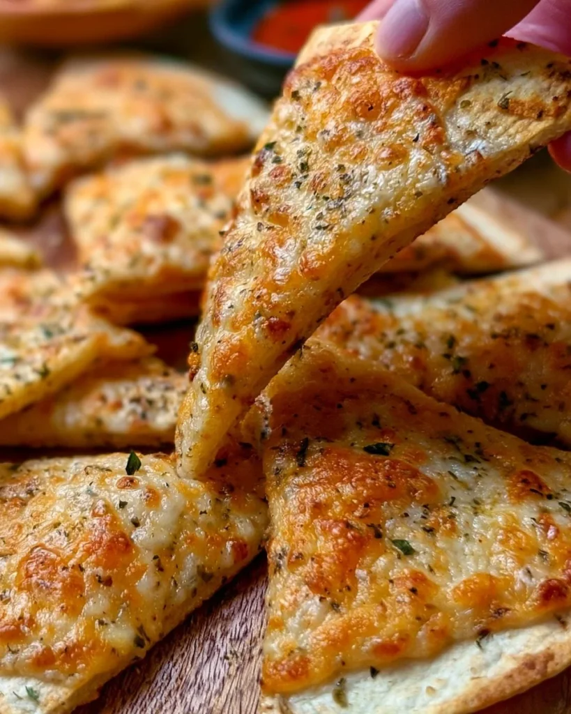Air Fryer Cheesy Tortilla Garlic Bread 2 Crispy air fryer cheesy tortilla garlic bread cut into wedges with melted mozzarella