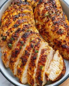 Crispy air fryer chicken breast ready to serve with side dishes