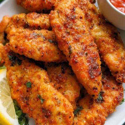 Air Fryer Chicken Tenders - Low-Carb and Gluten-Free 3 Crispy almond flour air fryer chicken tenders drizzled with buffalo sauce