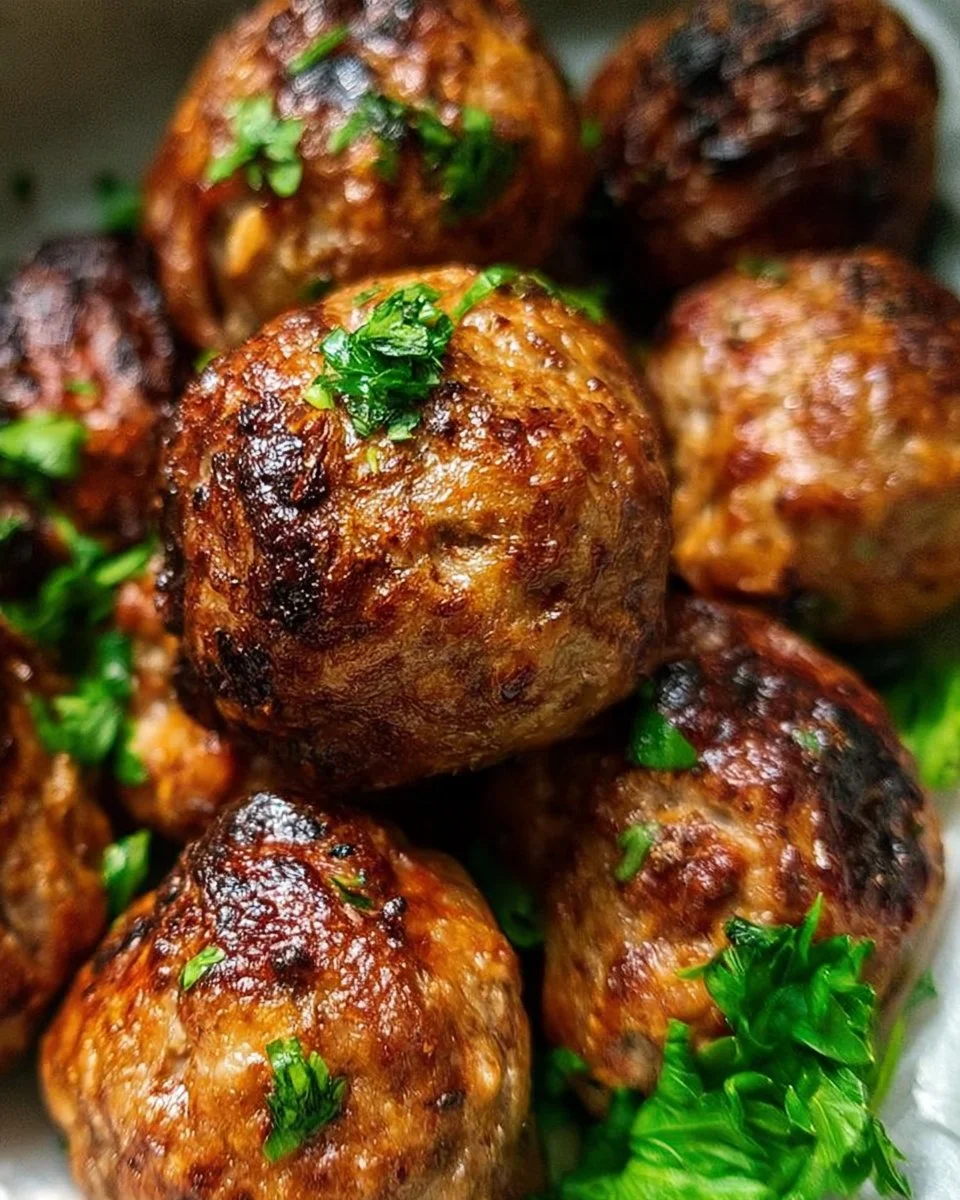 Air Fryer Meatballs (Juicy Lean Beef) 1 Crispy air fryer meatballs served with marinara sauce and herbs