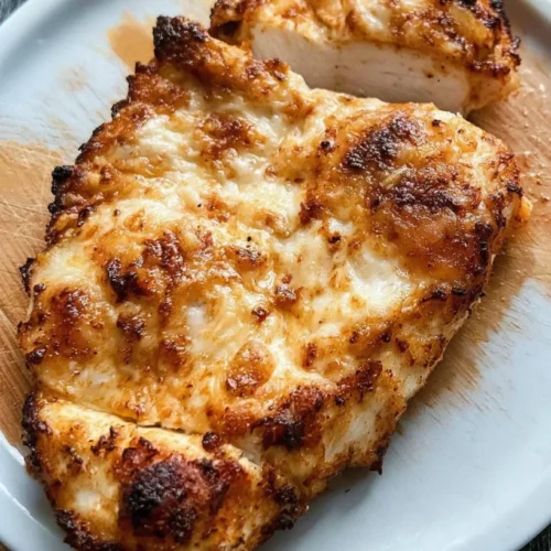 Air fryer ranch chicken breast with a golden Parmesan crust on a plate