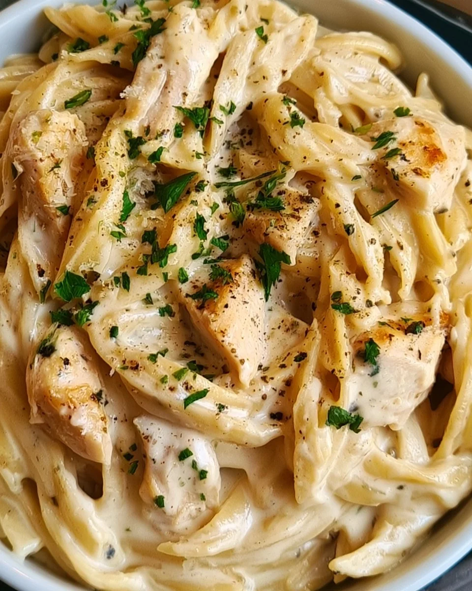 Crockpot Chicken Alfredo (Creamy and Easy) 1 Creamy Crockpot Chicken Alfredo served in a bowl with fresh herbs