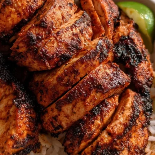 Blackened Chicken Breasts 2 Sliced blackened chicken breast with a dark spiced crust