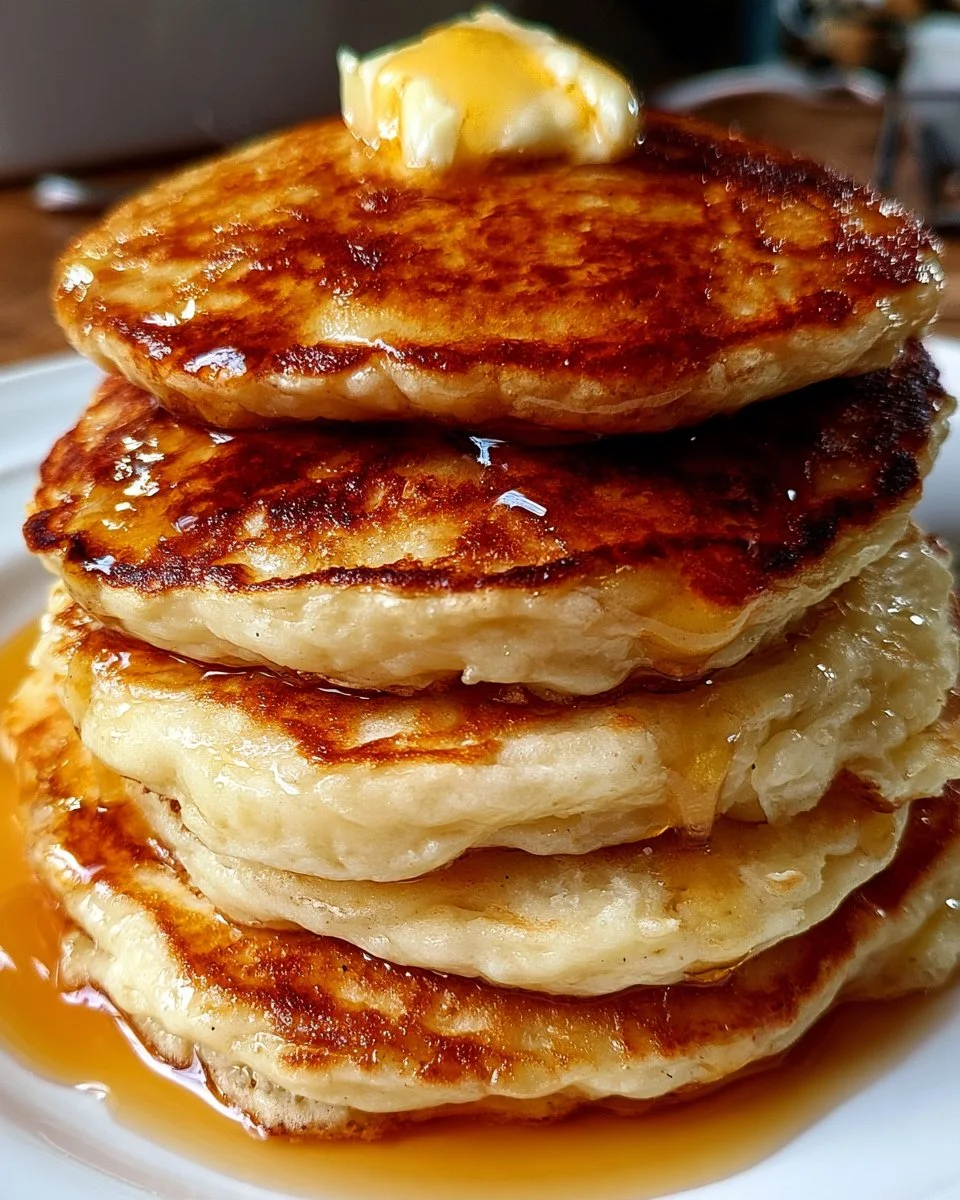 Buttermilk Pancakes with Warm Buttermilk Syrup 6 Stack of fluffy buttermilk pancakes topped with syrup and fresh berries