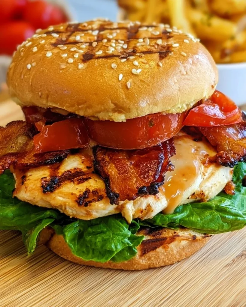 Buttermilk Grilled Chicken Club Sandwich 2 Buttermilk grilled chicken club sandwich with bacon, Swiss, lettuce, and tomato